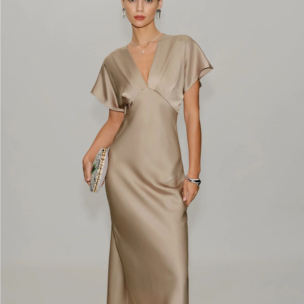 Apricot V Neck A-Line Satin Midi Dress